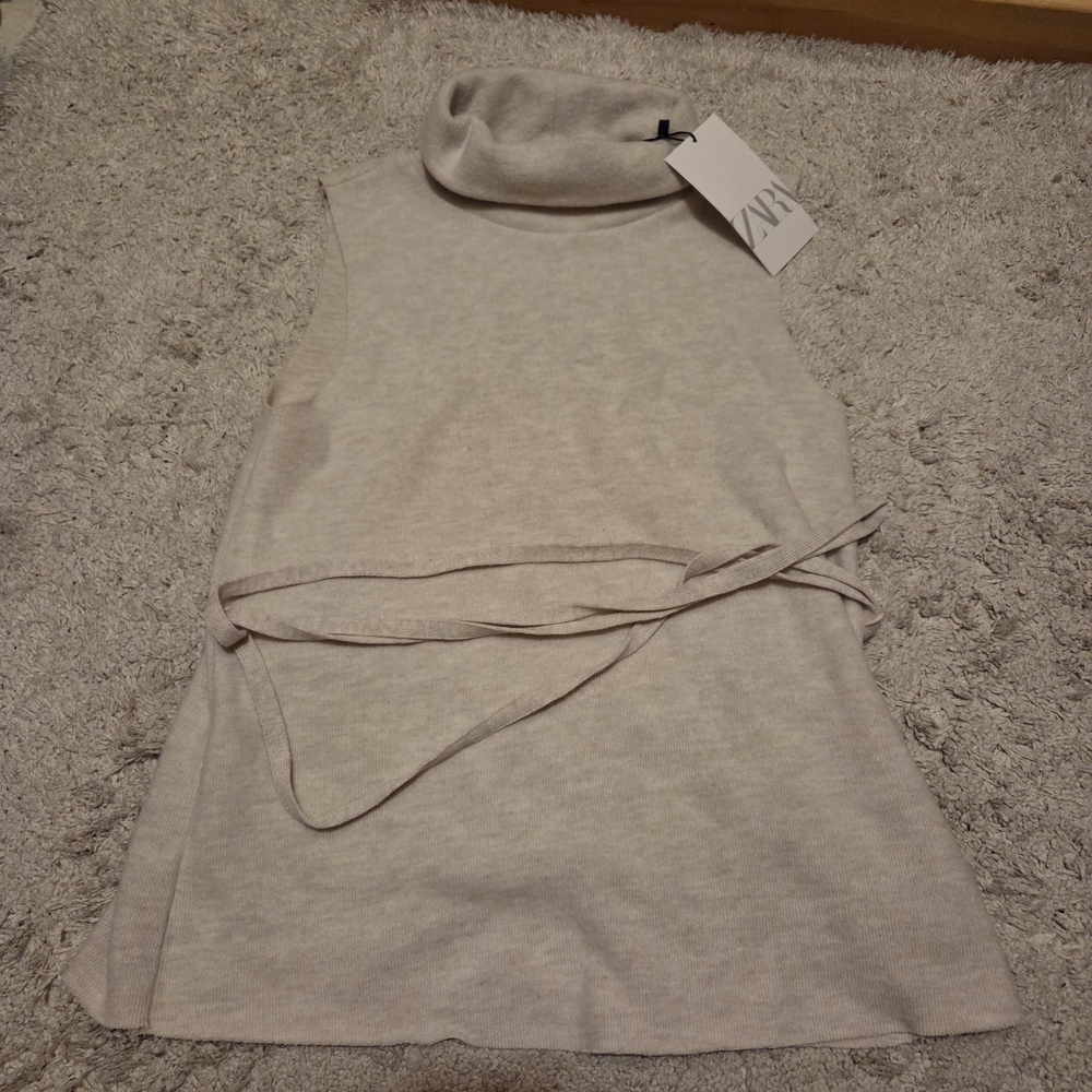 NWT ZARA Off-White Sleeveless Vest For Wearing Over Dress W/ Tie Fall Turtleneck